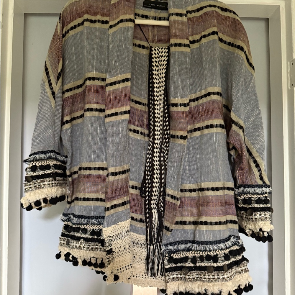 Zara Multicolor Striped Cardigan with Fringe